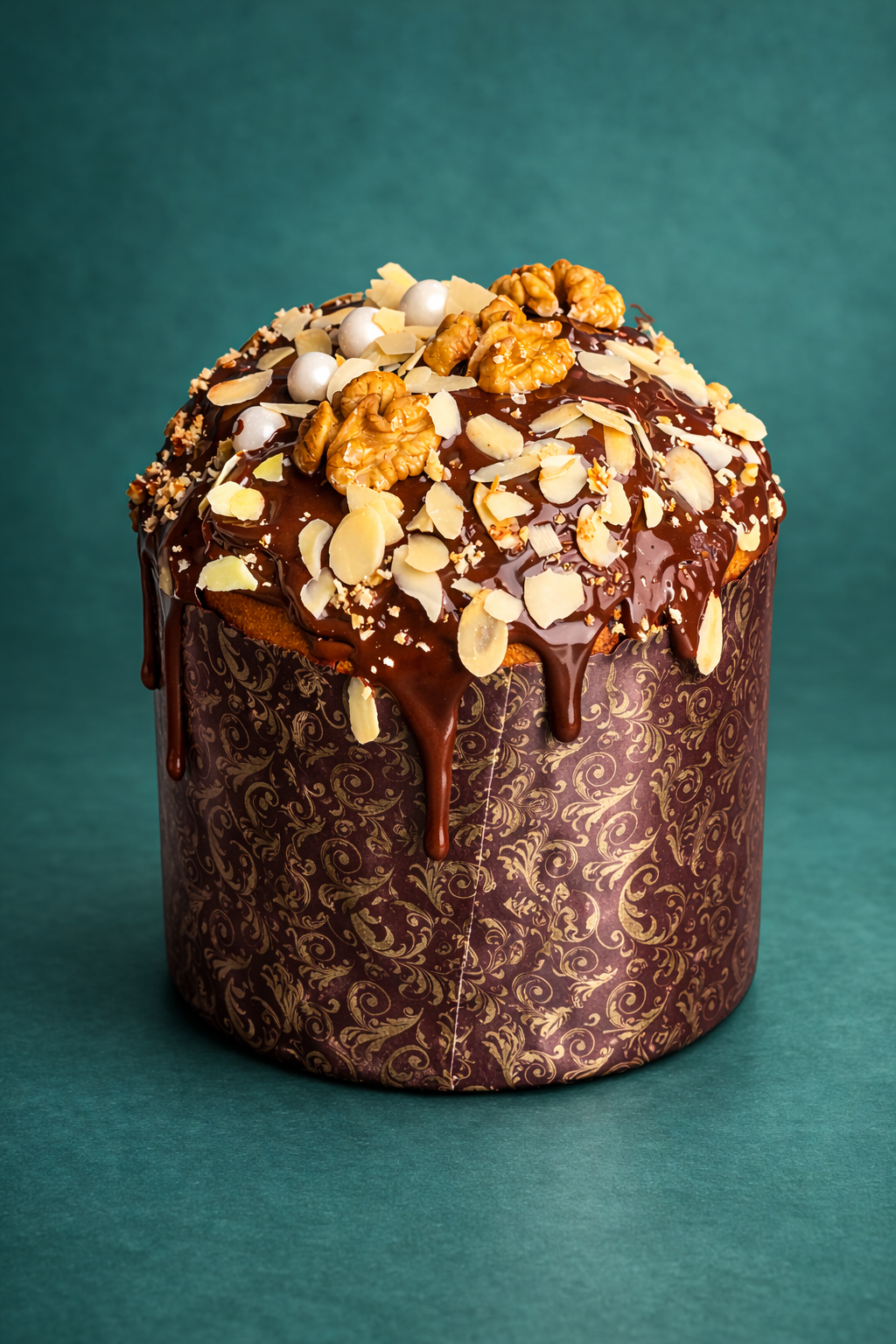 შოკოლადის პასკა ნიგვზით და ნუშით ლურჯ ფონზე, თანამედროვე სააღდგომო პასკის შეკვეთა თბილისში.